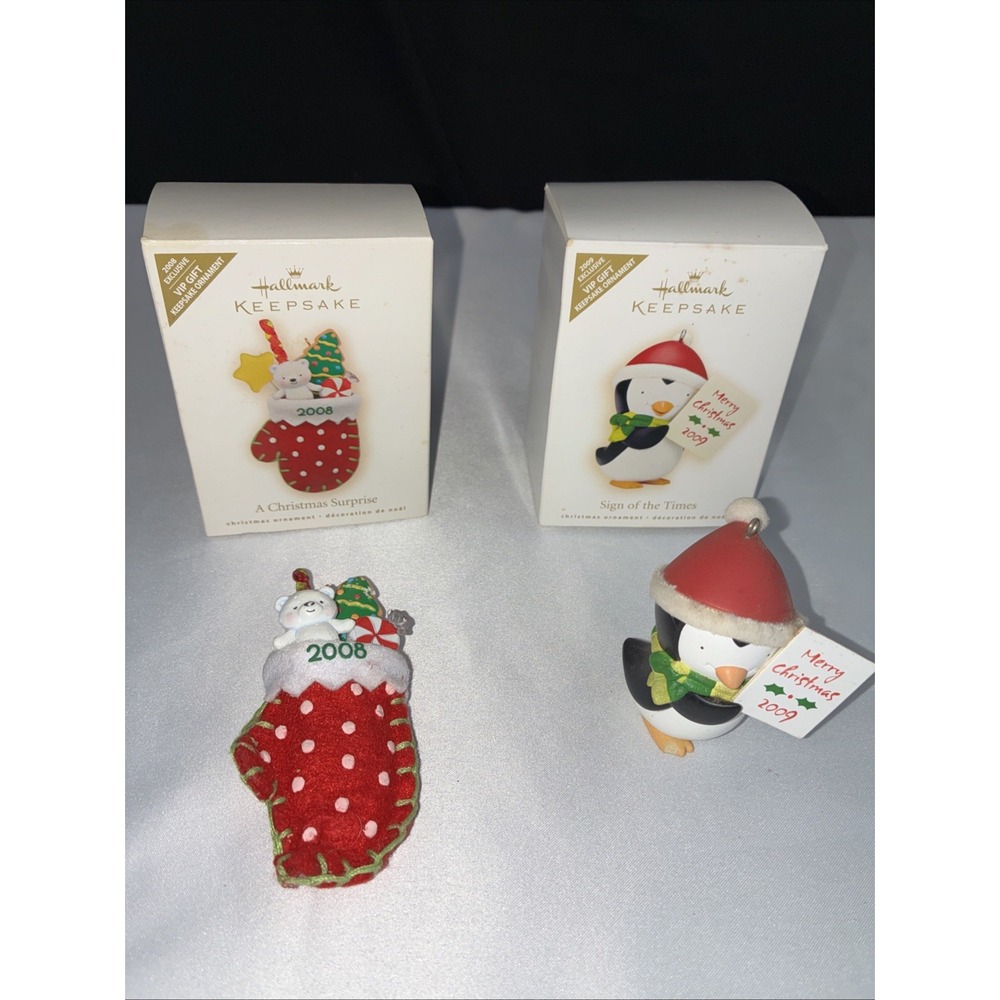 Hallmark Keepsake Ornaments 2008 A Christmas Surprise 2009 Sign of the Times Lot
